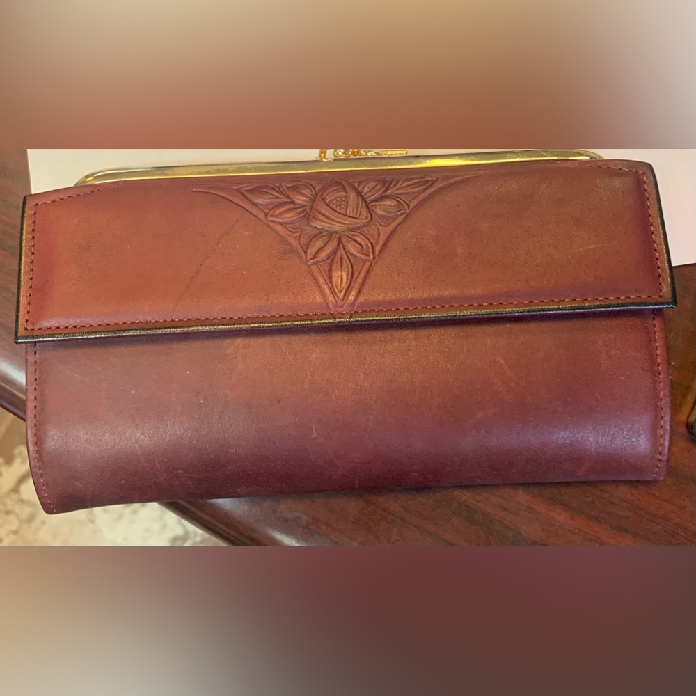 Rolfs Brown Leather Fold-Over Clutch with Floral Tooled Detail